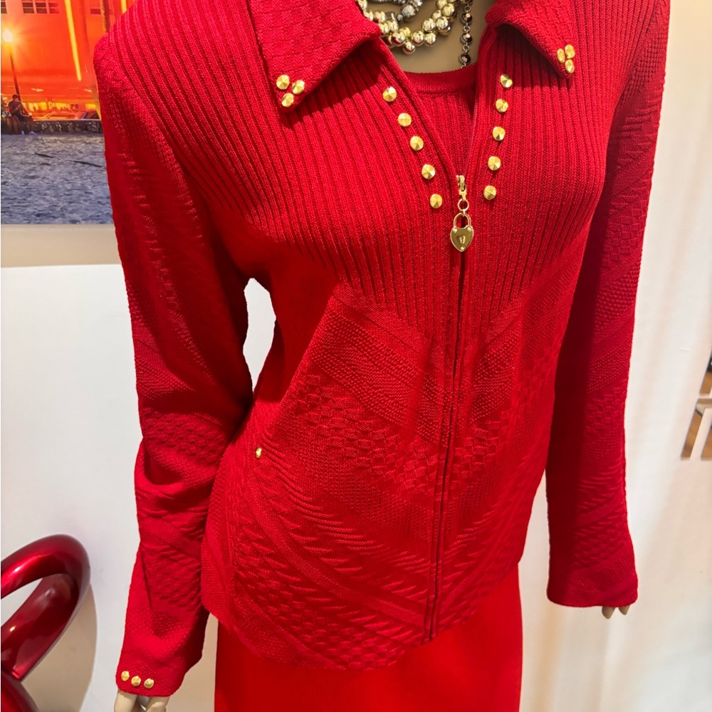 St. John Red Knit Zip-Front Blazer Gold 12 L embellished twinset jacket